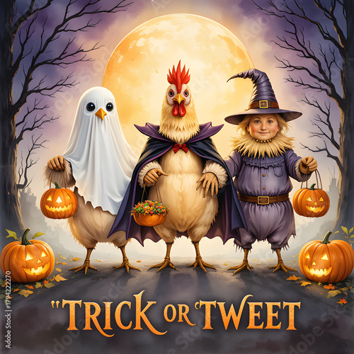  Whimsical watercolor Halloween chickens in costumes with glowing pumpkins and elegant TRICK OR TWEET lettering.