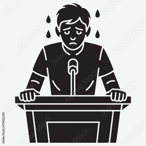 Anxious Person Sweating at Podium with Microphone, Public Speaking Fear