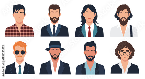 Set of diverse cartoon avatars featuring men and women with different hairstyles, facial hair, and clothing styles.