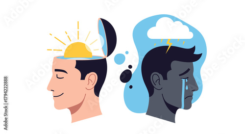 An illustration depicting the duality of mental states, featuring a person with a bright, happy mind and another with a sorrowful, storm-filled mind.