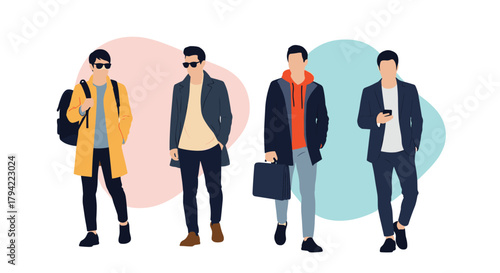 Four stylish men showcasing diverse modern fashion trends, from casual street style with a backpack to smart business attire, representing urban lifestyle.