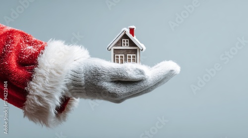 Santa's hand gently holding a charming, snow-covered home for the holidays, a heartfelt gift of home ownership and cozy Christmas dreams come true