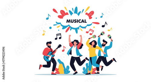 A lively illustration of four diverse friends enthusiastically making music and dancing, featuring a guitarist, maraca players, and the word 'MUSICAL' in a dynamic composition.