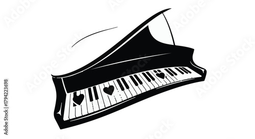 Elegant grand piano keys with charming heart accents, suggesting a melody of love and music.