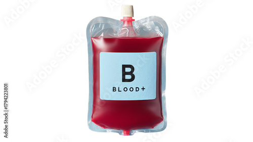 A sealed blood bag labeled B+ showcasing a medical context for transfusions.