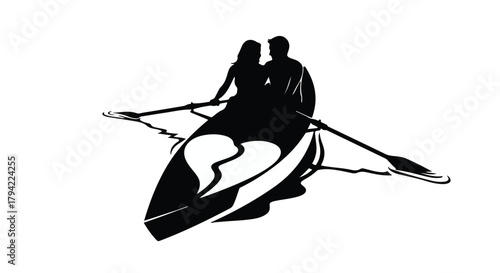 Couple rowing a boat together in silhouette, symbolizing partnership and journey.