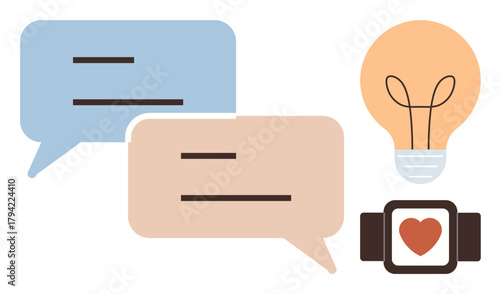Blue and beige chat bubbles, light bulb representing ideas, smartwatch with heart design. Ideal for communication, creativity, technology, innovation, connection, collaboration and health in simple