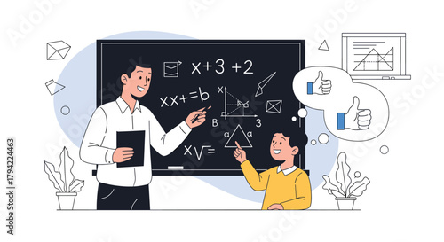 An engaging male teacher guides a smiling student through a mathematics lesson, fostering a positive and interactive educational environment.