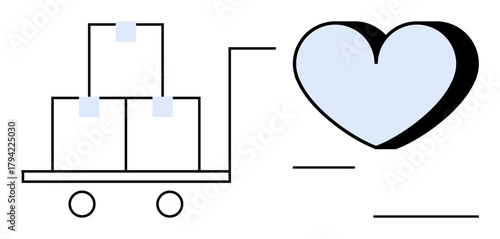 Trolley carrying boxes alongside a heart shape signifies delivery, care, and customer satisfaction. Ideal for logistics, charity, support, relationships, e-commerce service teamwork. Simple flat
