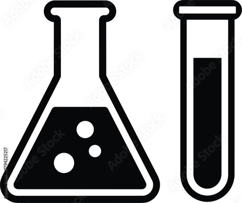 Black Laboratory Flask and Test Tube with Liquid on White Background Keywords: laboratory