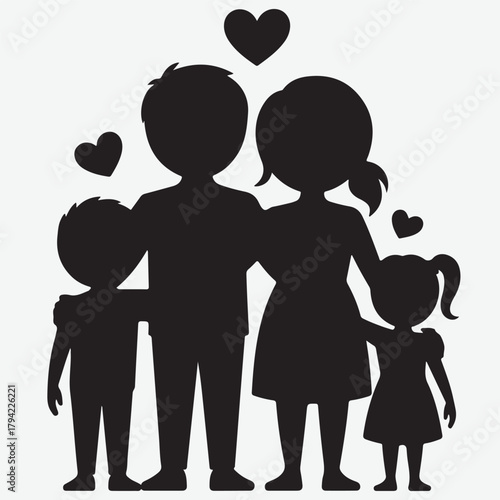 Silhouette of a loving family with children and hearts