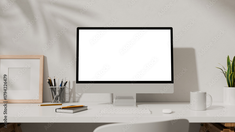 Naklejka premium 3D workspace with desktop computer, office supplies, houseplant and books at office