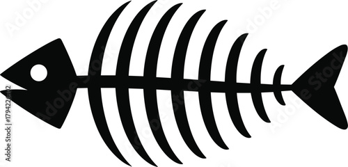 Black silhouette of a fish skeleton on a white background bones remains