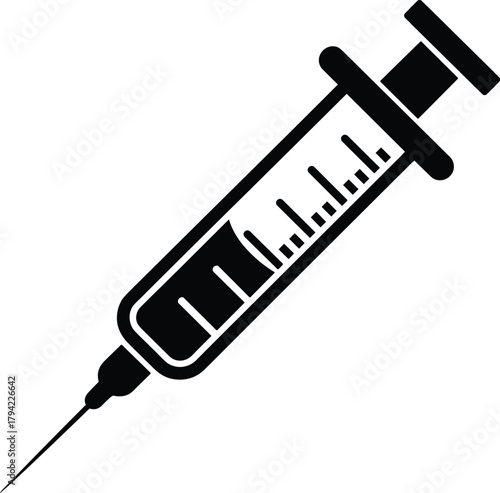 Black Silhouette of a Medical Syringe with Needle and Markings Keywords: syringe, medical