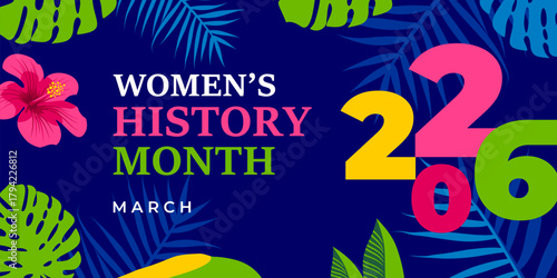 Women's History Month 2026. Text on the black background with numbers. Banner, poster, illustration Women s History Month for social media