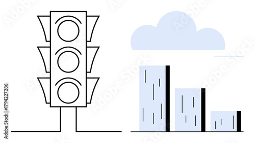 Foto Traffic light and bar chart with three descending columns under a cloud