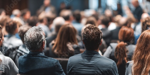 Wallpaper Mural business conference meeting seminar, business people back view sitting audience listening to speaker, corporate learning communication event. High quality Torontodigital.ca