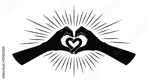 Hands form a heart shape with radiating light, symbolizing love and connection.