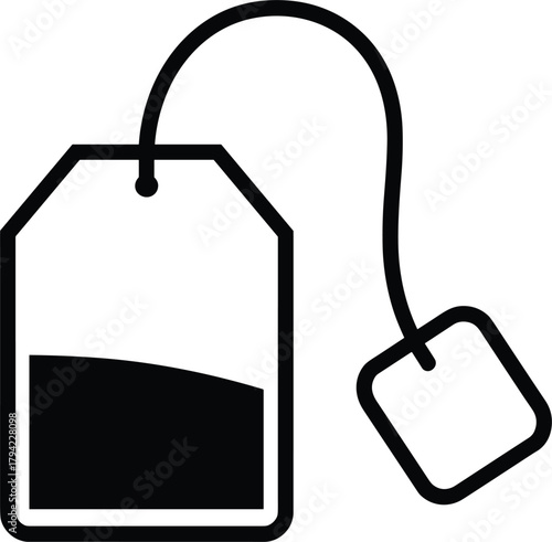 Black Silhouette of a Tea Bag with String on White Background beverage drink