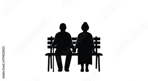 Elderly couple holding hands on a park bench, symbolizing enduring love and companionship.