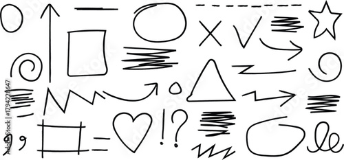Hand drawn doodle elements, including arrows, circles, squares, stars, hearts, and other symbols for design and decoration