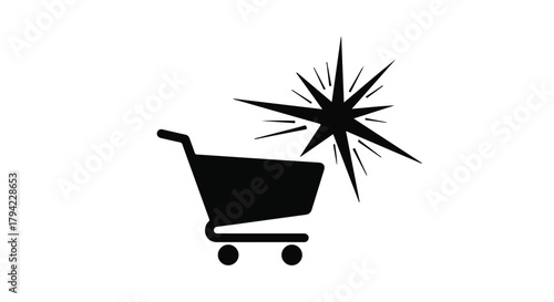 Shopping cart with a burst of energy, symbolizing a great deal or new purchase