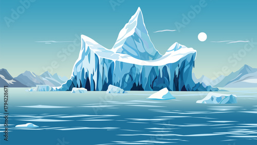 Large Iceberg in Frozen Ocean – Arctic Winter Landscape Vector Illustration. 