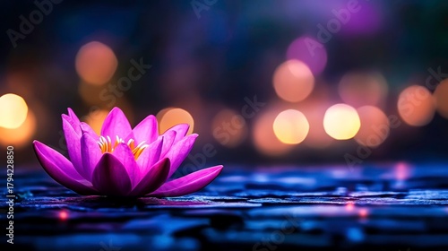 Beautiful Pink Water Lily Flower on Calm Water with Soft Bokeh Background