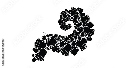 A swirling vortex of black bells and tags, creating a dynamic, abstract spiral on a white background.