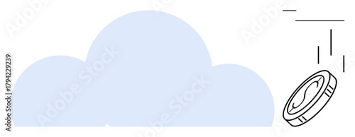Large cloud element with coin falling, representing data storage, cloud services, and digital payments. Ideal for technology, fintech, economy, innovation, data transfer online services simple flat