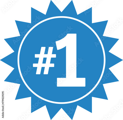 Blue starburst badge with white number 1 and hash symbol number one first