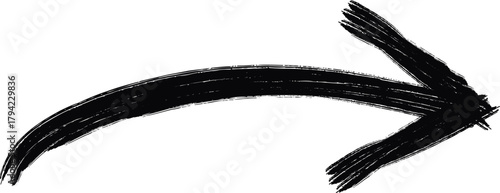 Hand drawn black arrow pointing right, a simple and expressive graphic element for direction and navigation