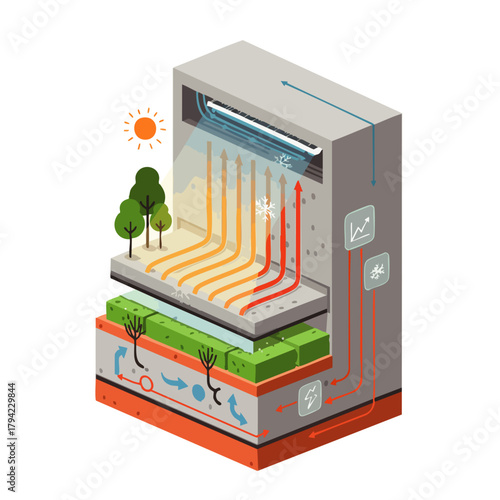 An illustrated cross-section of a building showcasing climate control and environmental systems, with trees, sun, and airflow.