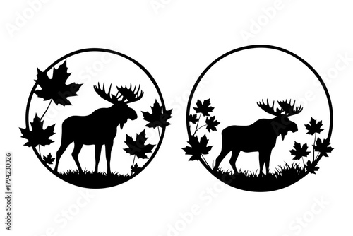 moose in a circle shape witht canda leaf silhouettes pack