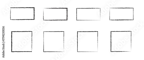Grunge square and rectangle frames. Black ink empty boxes and rectangle borders collection.