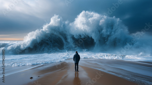 Dramatic giant ocean wave approaching a lone man standing on the beach, powerful sea storm landscape symbolizing challenge, courage, and nature’s force