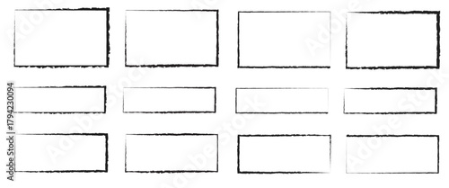 Grunge square and rectangle frames. Black ink empty boxes and rectangle borders collection.