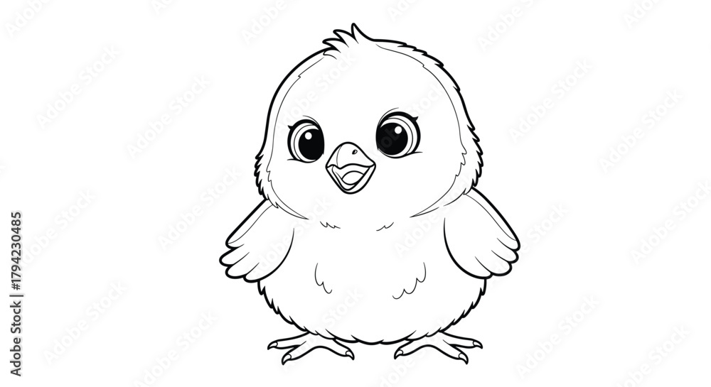 Obraz premium Adorable cartoon baby chick smiling, a black and white outline drawing for children's coloring pages and activities.