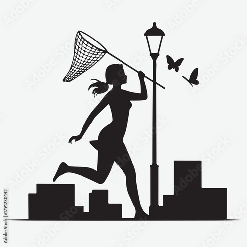 Silhouette of a woman chasing butterflies with a net near a lamppost and buildings