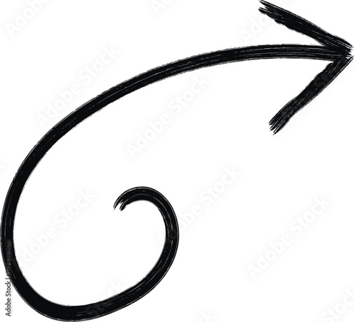 Handdrawn black arrow with a spiral tail, pointing to the right, created with a brush stroke for a rough texture