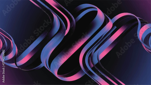 Dynamic abstract fluid ribbons in gradient pink and blue hues creating a modern digital art composition on a dark background