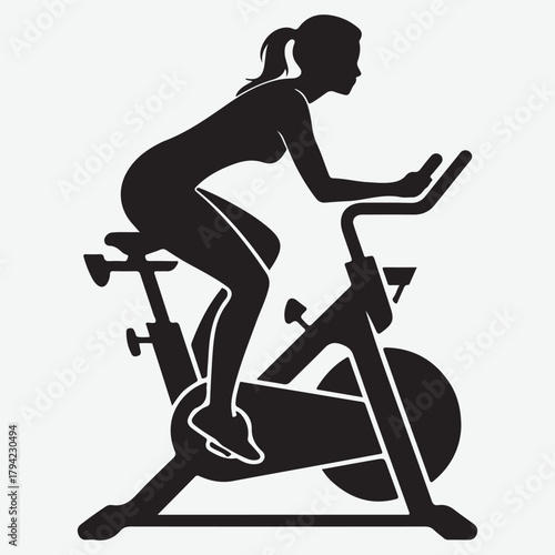Silhouette of a woman cycling on an exercise bike, fitness icon
