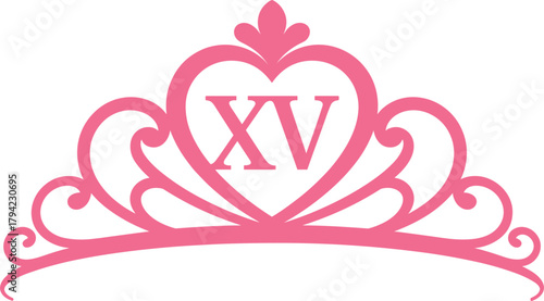 Pink XV Tiara with Heart Shape and Swirls on White Background Keywords: tiara, crown, XV