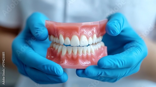 Expert dentist showing complete denture in gloved hands for dental health awareness, promoting confidence and a perfect smile, a modern solution