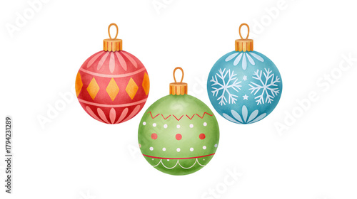 A watercolor illustration of three festive Christmas ornaments a red one with diamonds a green one with polka dots and a blue one with snowflakes ready for holiday decorating