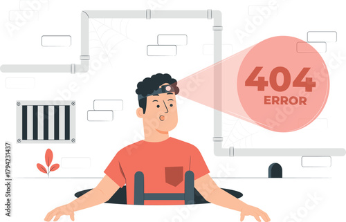 Man with headlamp looking at 404 error projected from pipe error message website error