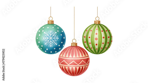 A festive illustration of three unique hanging holiday ornaments decorated with a snowflake stripes and geometric patterns