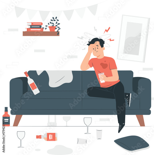 Man with Headache Sitting on Messy Couch After Party hangover