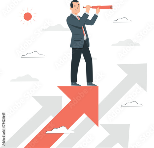 Man with spyglass on upward arrow against sky telescope looking