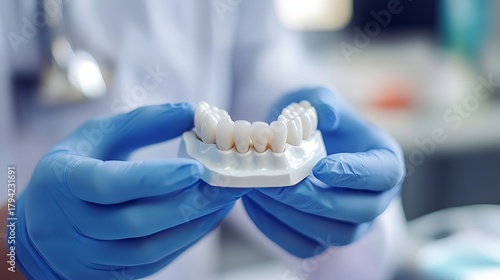 Dentist holding a set of dentures with blue gloves for a perfect smile, showcasing modern dental technology and oral care for enhanced confidence